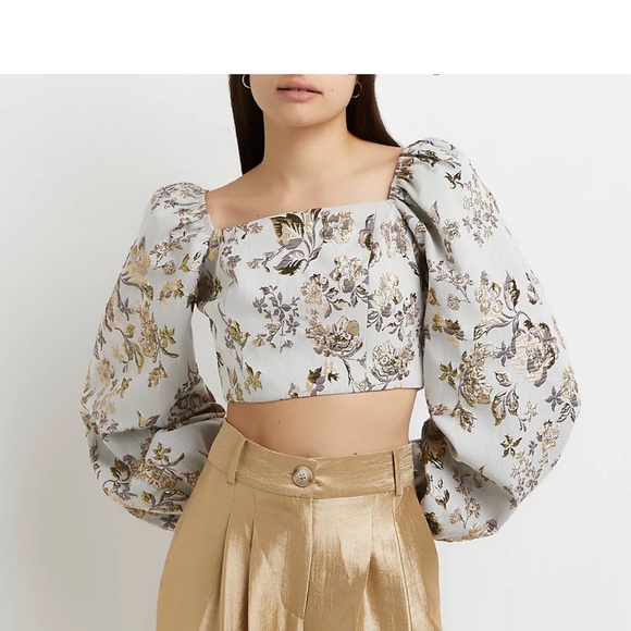 NWT River Island Grey Embroidered Puff Sleeve Top sz US 12 - Picture 2 of 5